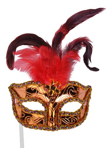 Rose Gold Mask with Red Feathers on Stick - Alternate Image 2