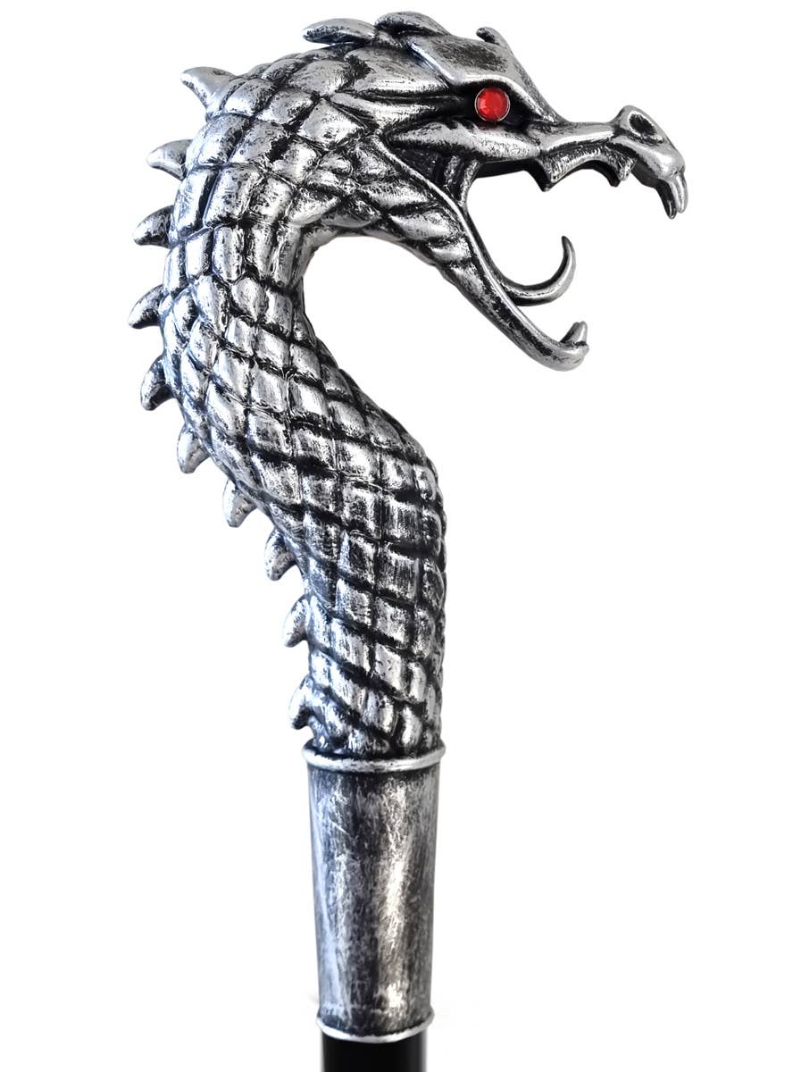 Image of Medieval Silver Dragon Cane Costume Accessory - Close Image