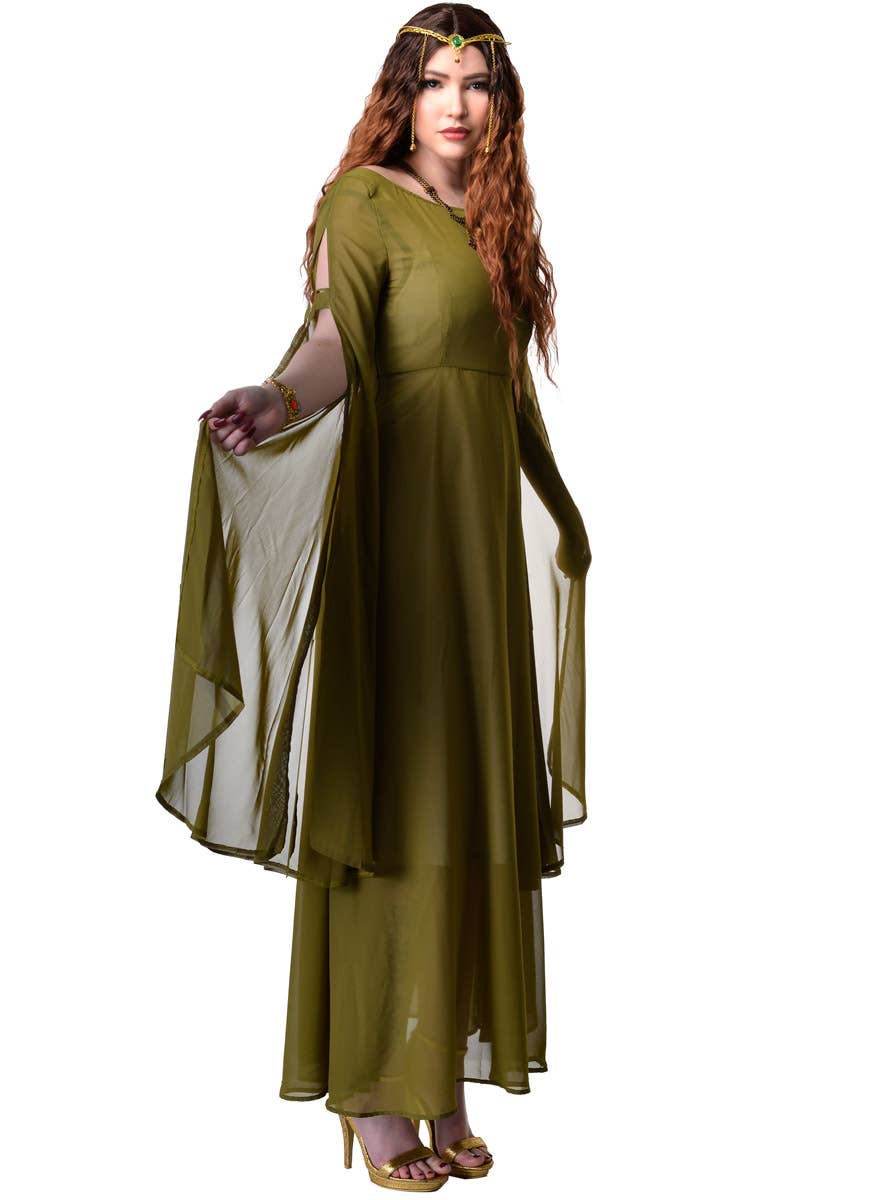 Image of Sheer Olive Green Women's Medieval Costume Dress - Side View