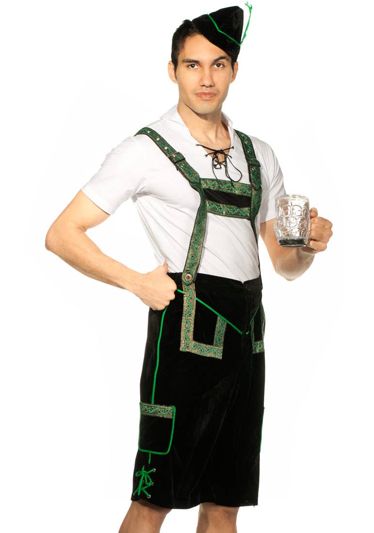 Men's Traditional Styled German Lederhosen Oktoberfest Costume Close Up View