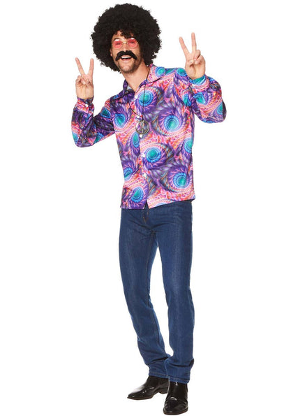 Blue and Purple 70s Hippie Costume Shirt for Men - Main Image