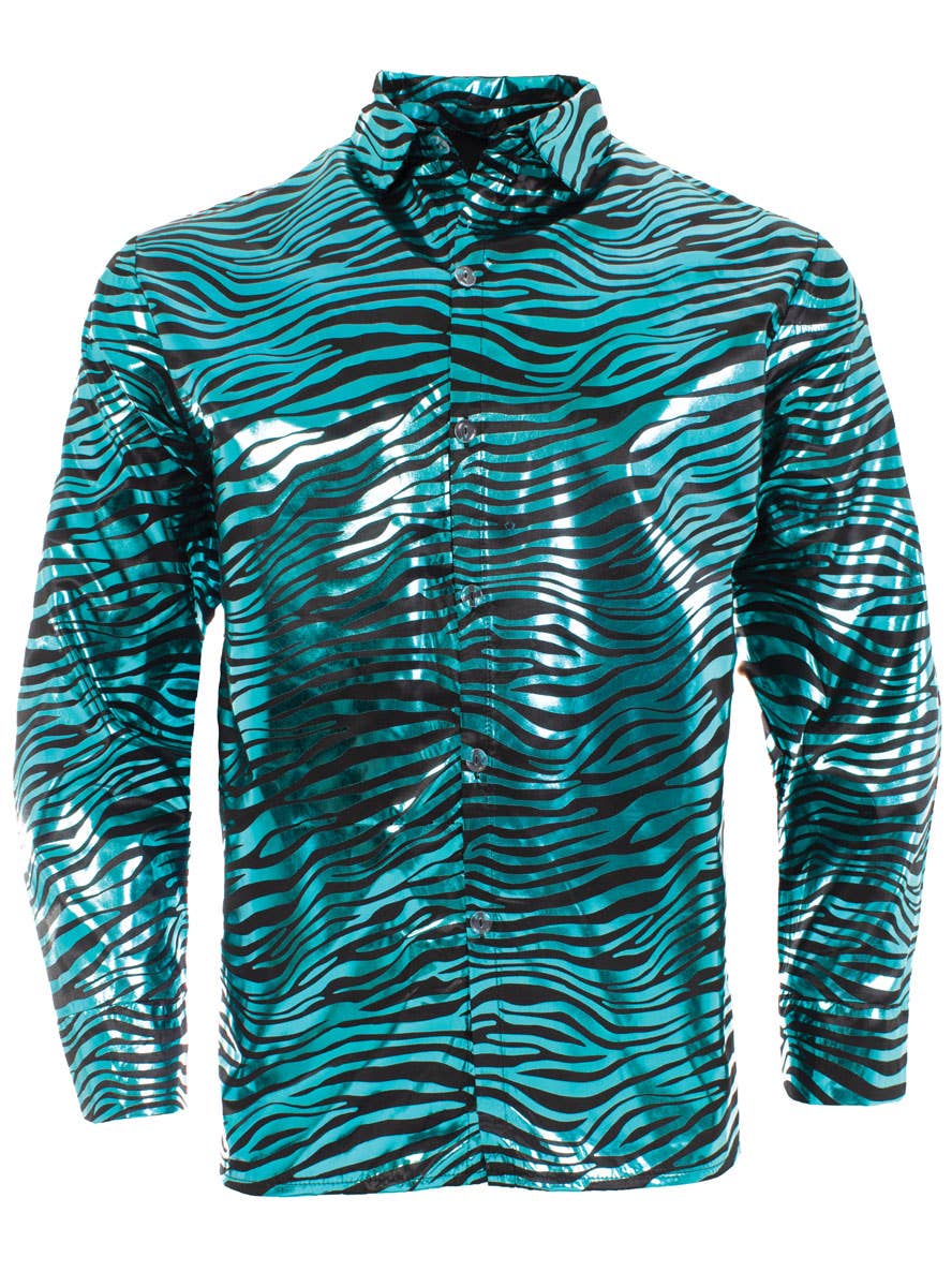 Men's Blue Metallic Disco king Tiger Print Costume Shirt - Front Image