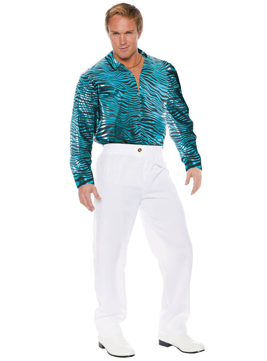 Men's Blue Metallic Disco king Tiger Print Costume Shirt - Main Image