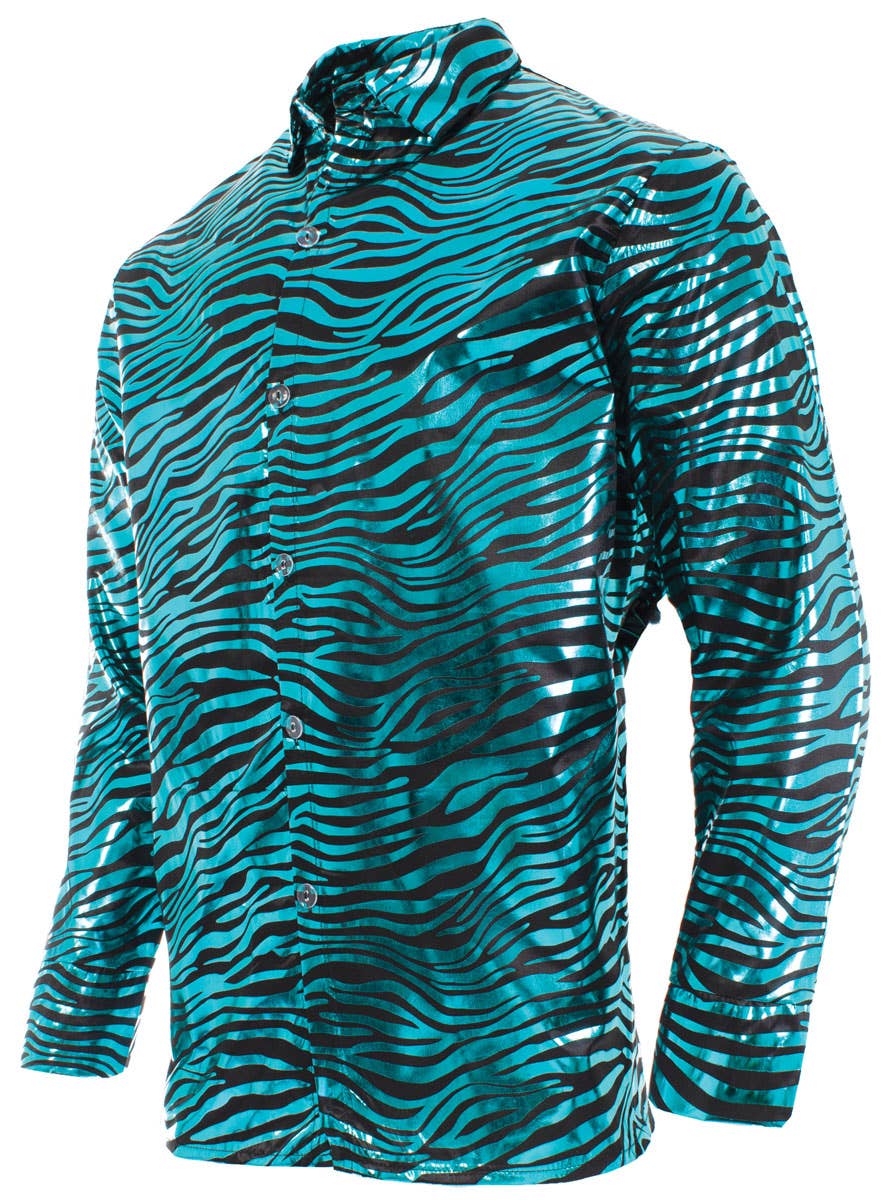 Men's Blue Metallic Disco king Tiger Print Costume Shirt - Side Image