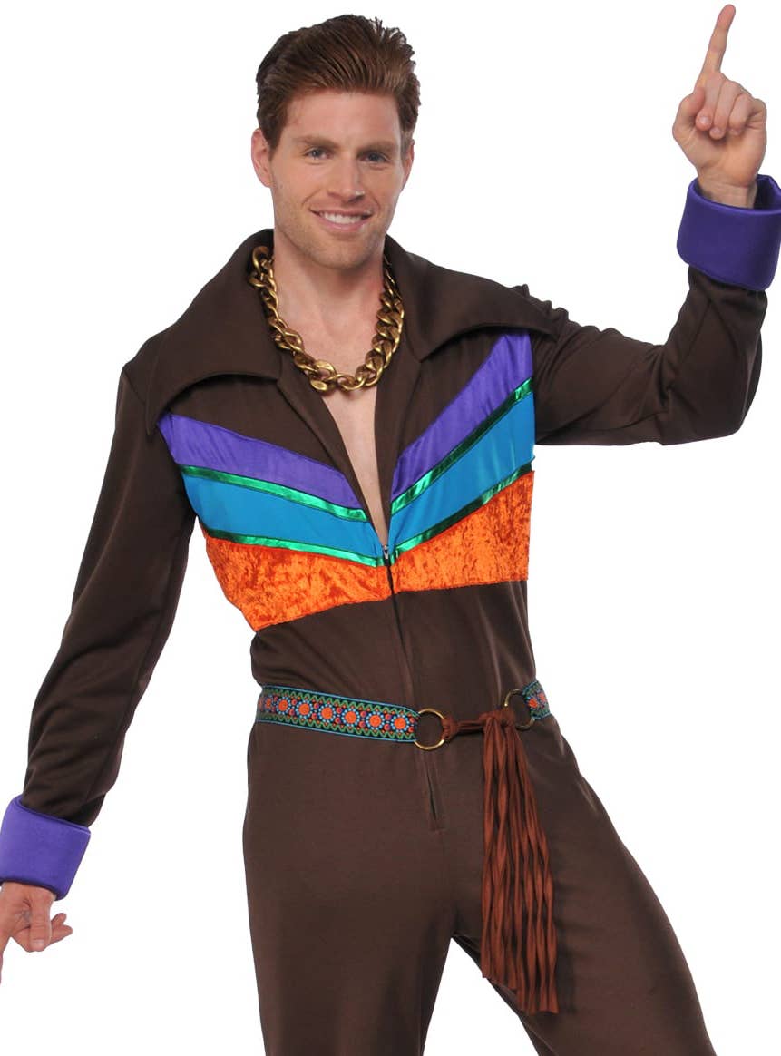 Men's 1970's Hippie Guy Brown  Costume Jumpsuit - Close Image