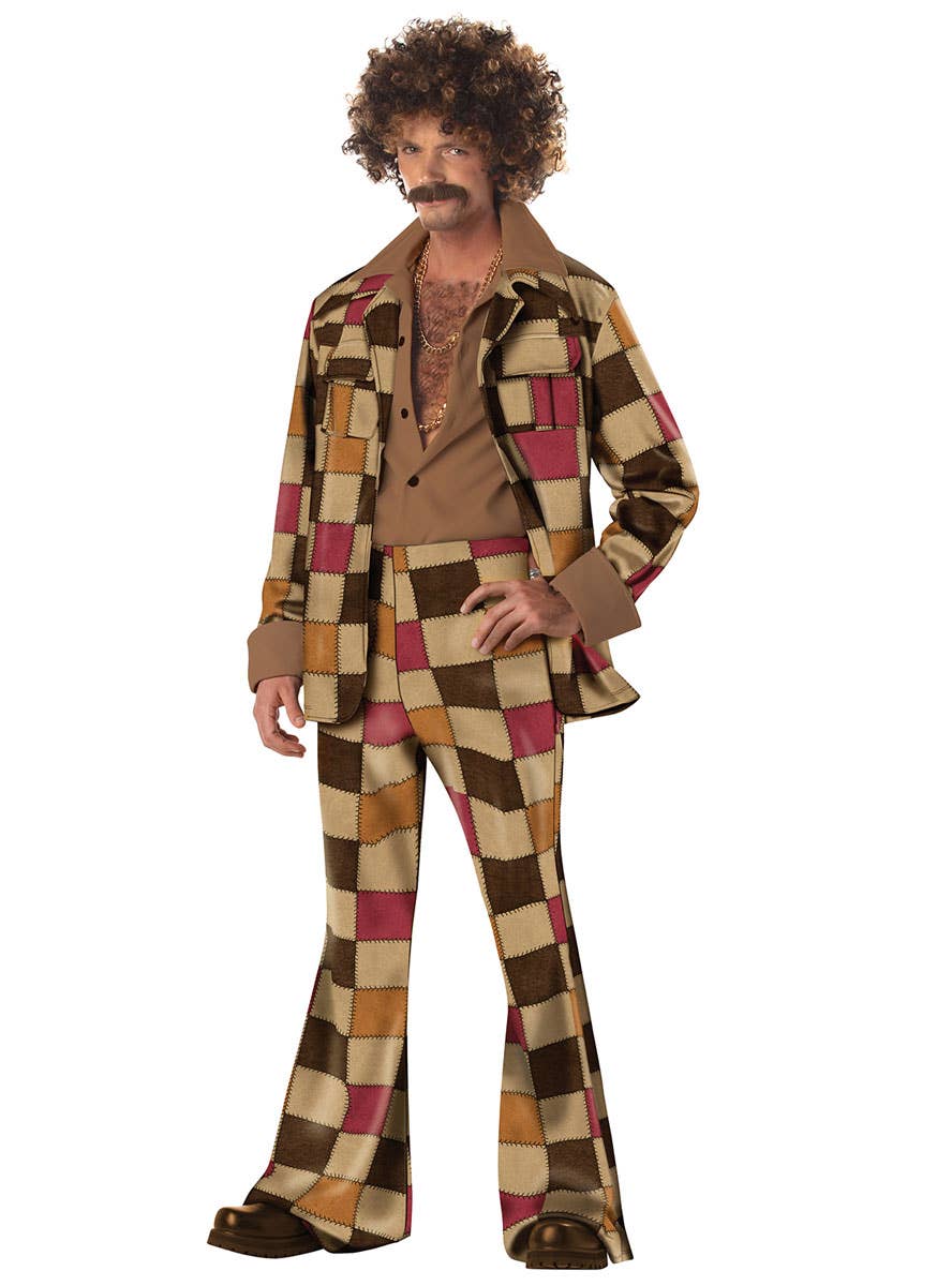 70s Disco Sleazeball Brown Beige and Maroon Check Suit With Tan Shirt  Mens Retro Costume - Main Image