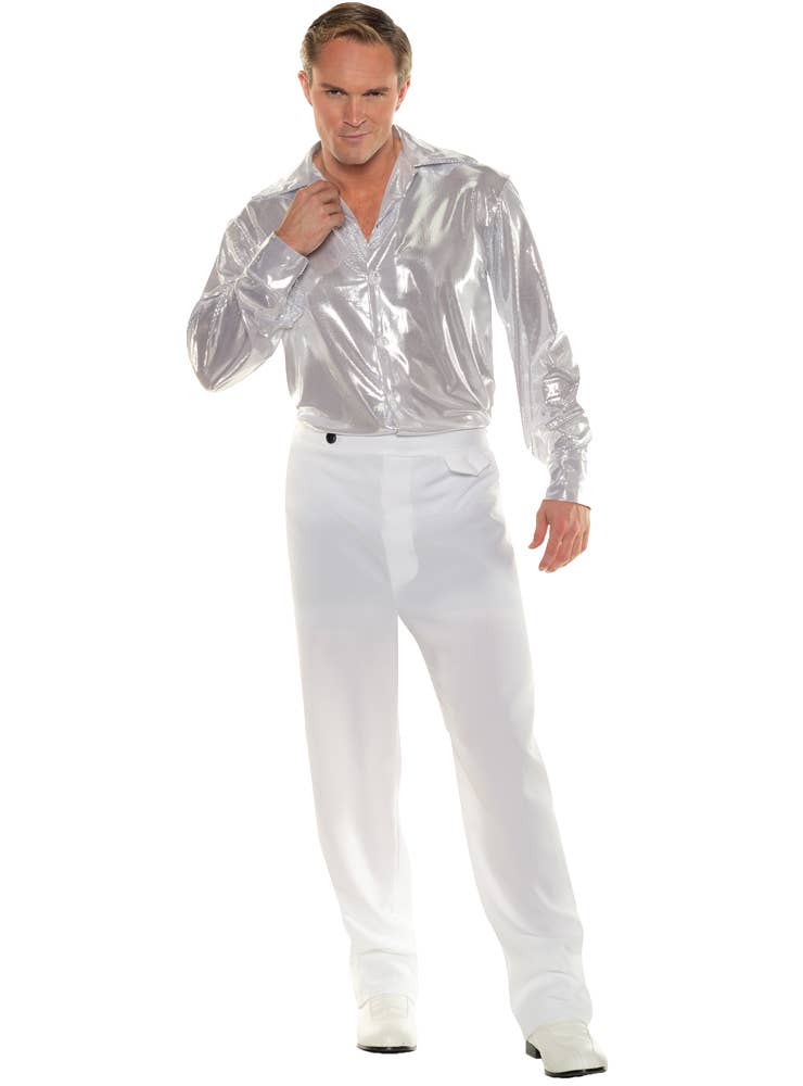 Shiny Silver White Mens 70s Disco Costume Shirt - Full Image