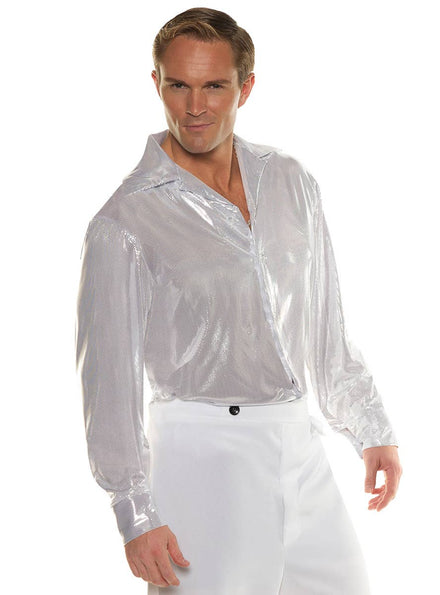 Shiny Silver White Mens 70s Disco Costume Shirt - Main Image