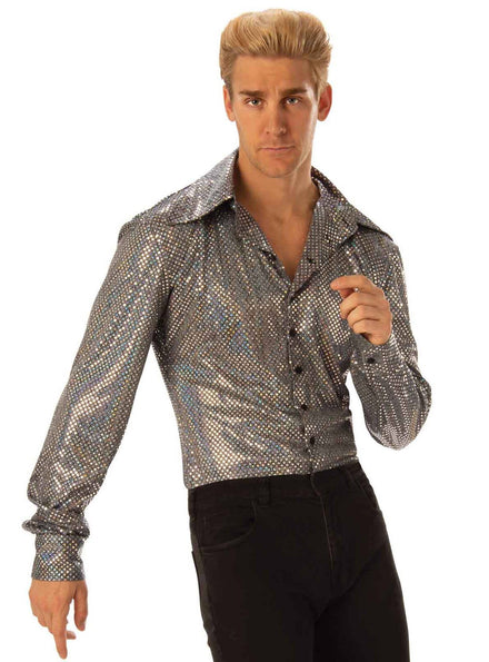 Men's Silver and Black Holographic Dots 70's Disco Costume Shirt