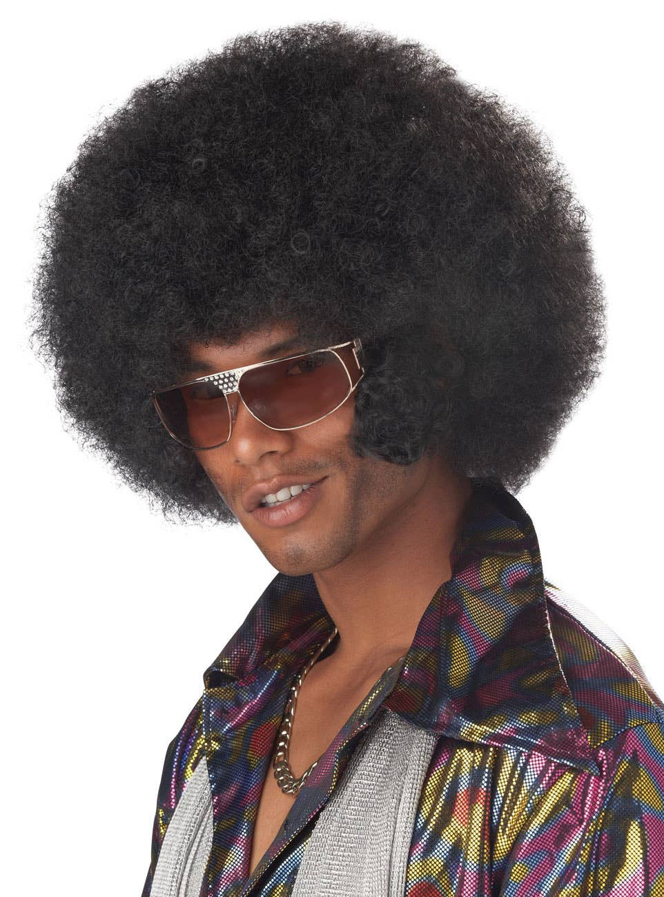 Afro Mens Black Frizzy Costume Wig With Sideburns