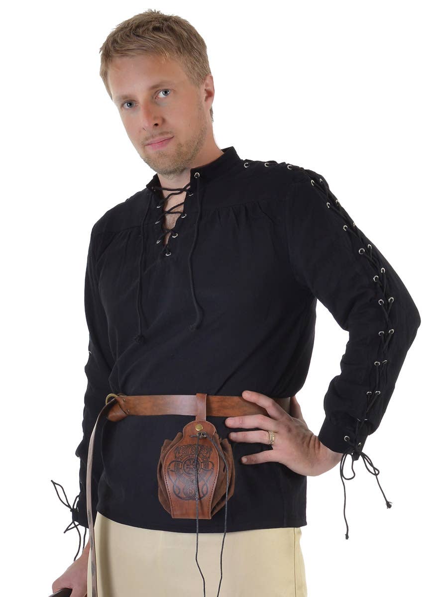 Image of Gallant Black Long Sleeve Medieval Men's Costume Shirt - Close Front Image