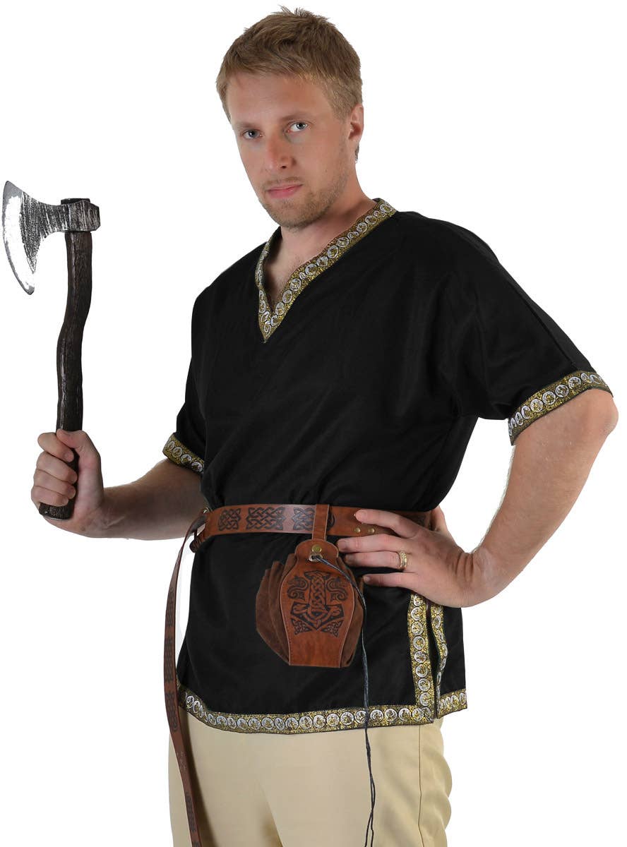 Image of Medieval Men's Black Costume Shirt with Jacquard Trim - Alternate Close Image