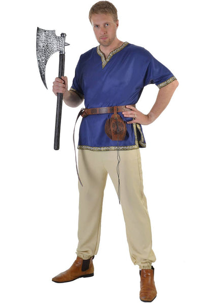 Image of Medieval Men's Blue Costume Shirt with Jacquard Trim - Main Image