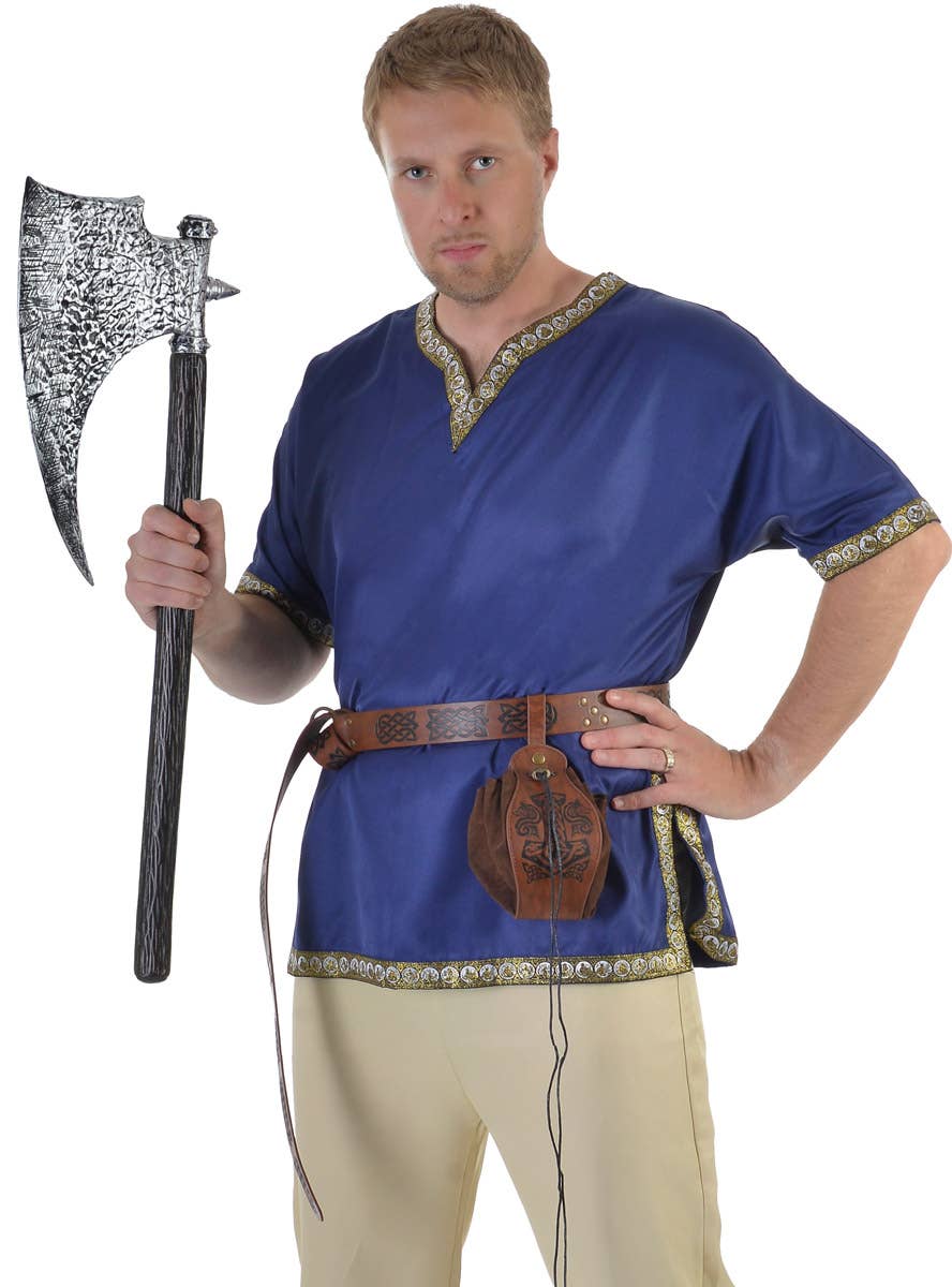 Image of Medieval Men's Blue Costume Shirt with Jacquard Trim - Close Image