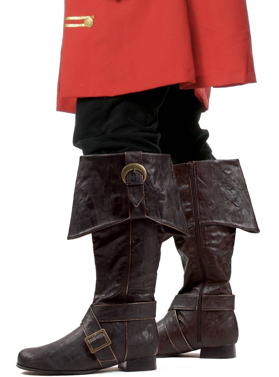 Image of Deluxe Brown Leather Look Pirate Costume Boots - Close View