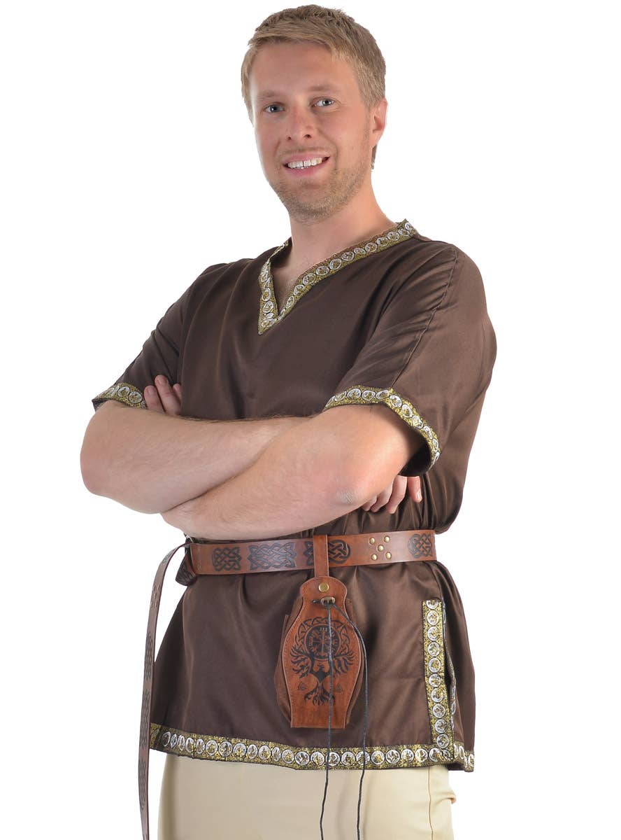 Image of Medieval Men's Brown Costume Shirt with Jacquard Trim - Close Image