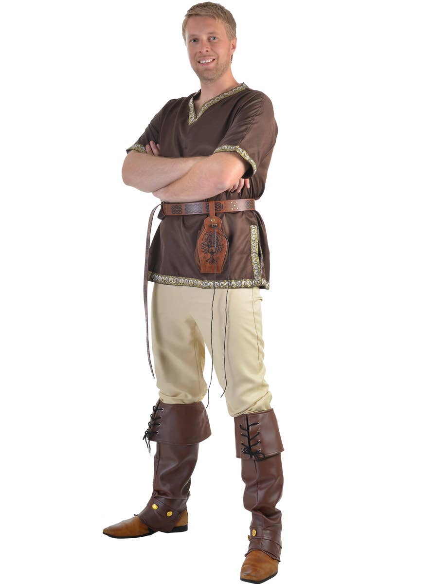 Image of Medieval Men's Brown Costume Shirt with Jacquard Trim - Main Image