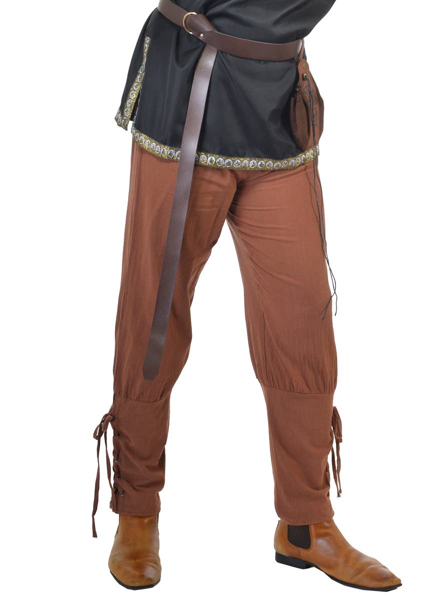 Image of Lace Up Brown Medieval Men's Costume Pants - Close Image