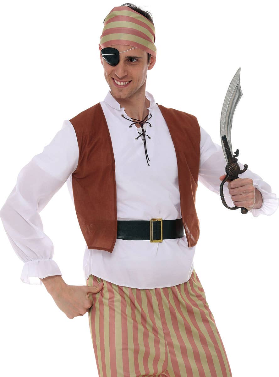 Image of Swashbuckling Brown Striped Pirate Men's Costume - Close Image