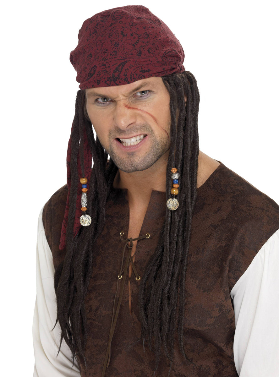 Men's Long Brown Dreadlocks Pirate Wig With Bandanna