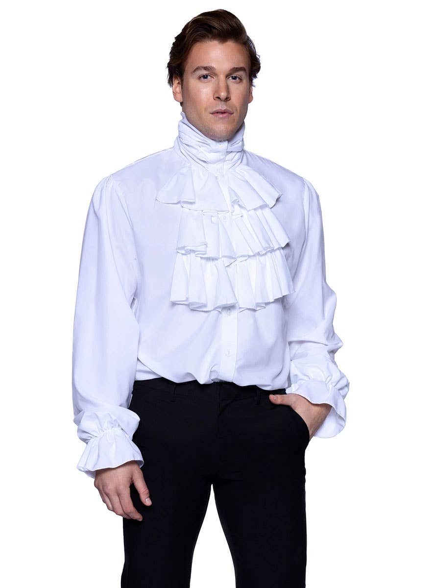 Men's White Ruffle Collar Pirate Shirt Close Main Image