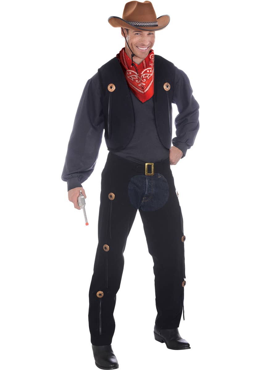 Man Wearing Cowboy Costume with Black Vest and Chaps