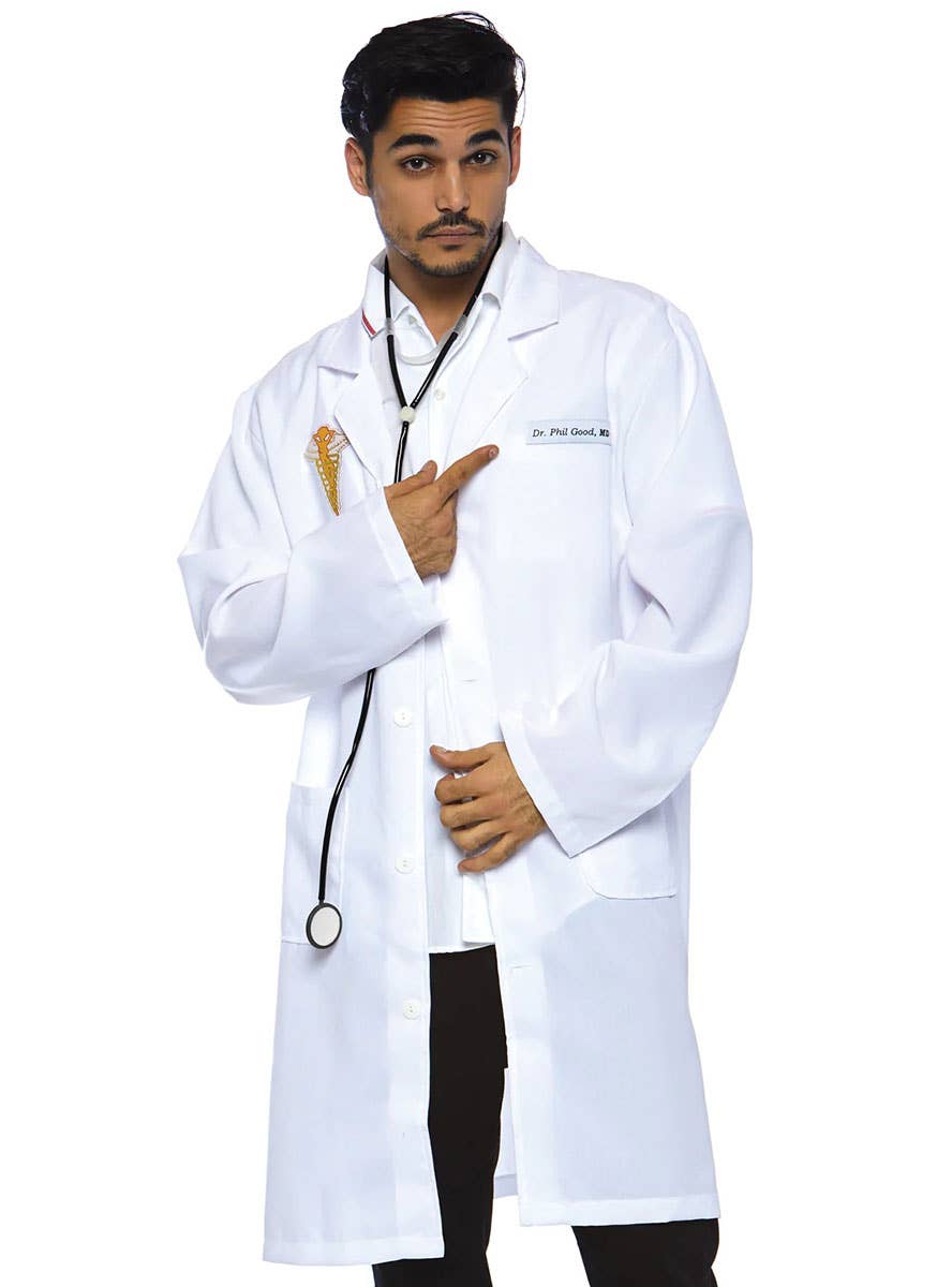 Men's White Lab Coat Doctor Fancy Dress Costume Close Front View