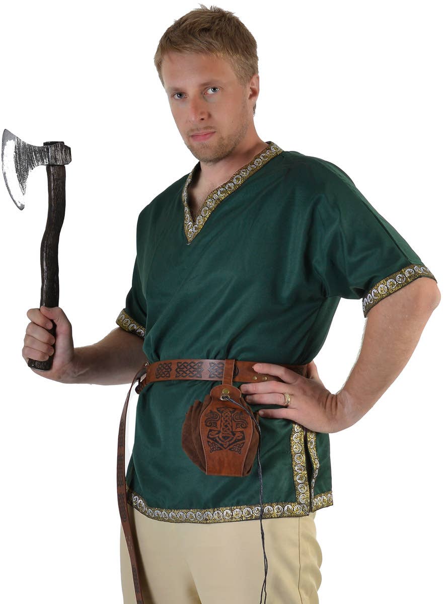 Image of Medieval Men's Green Costume Shirt with Jacquard Trim - Close Image