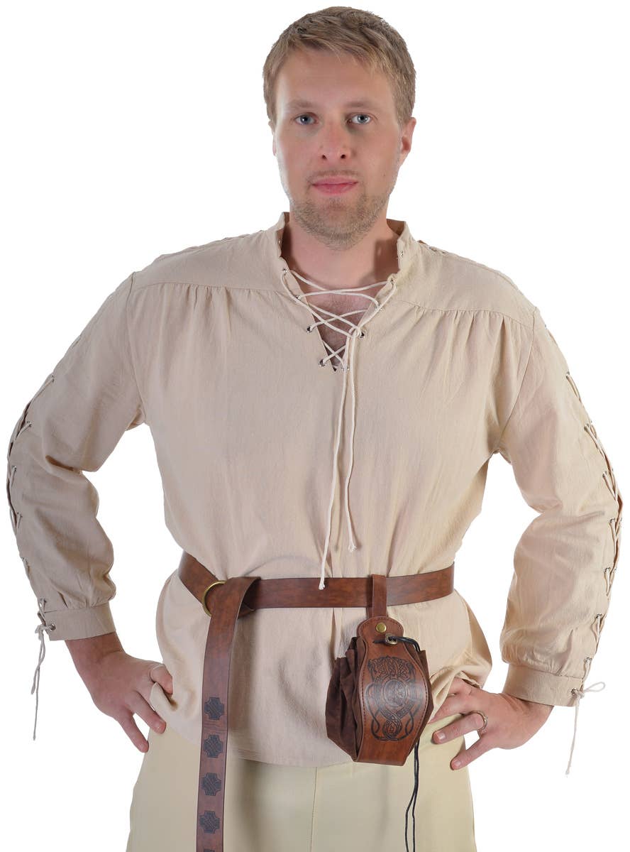 Image of Light Beige Lace Up Medieval Men's Costume Shirt - Close View