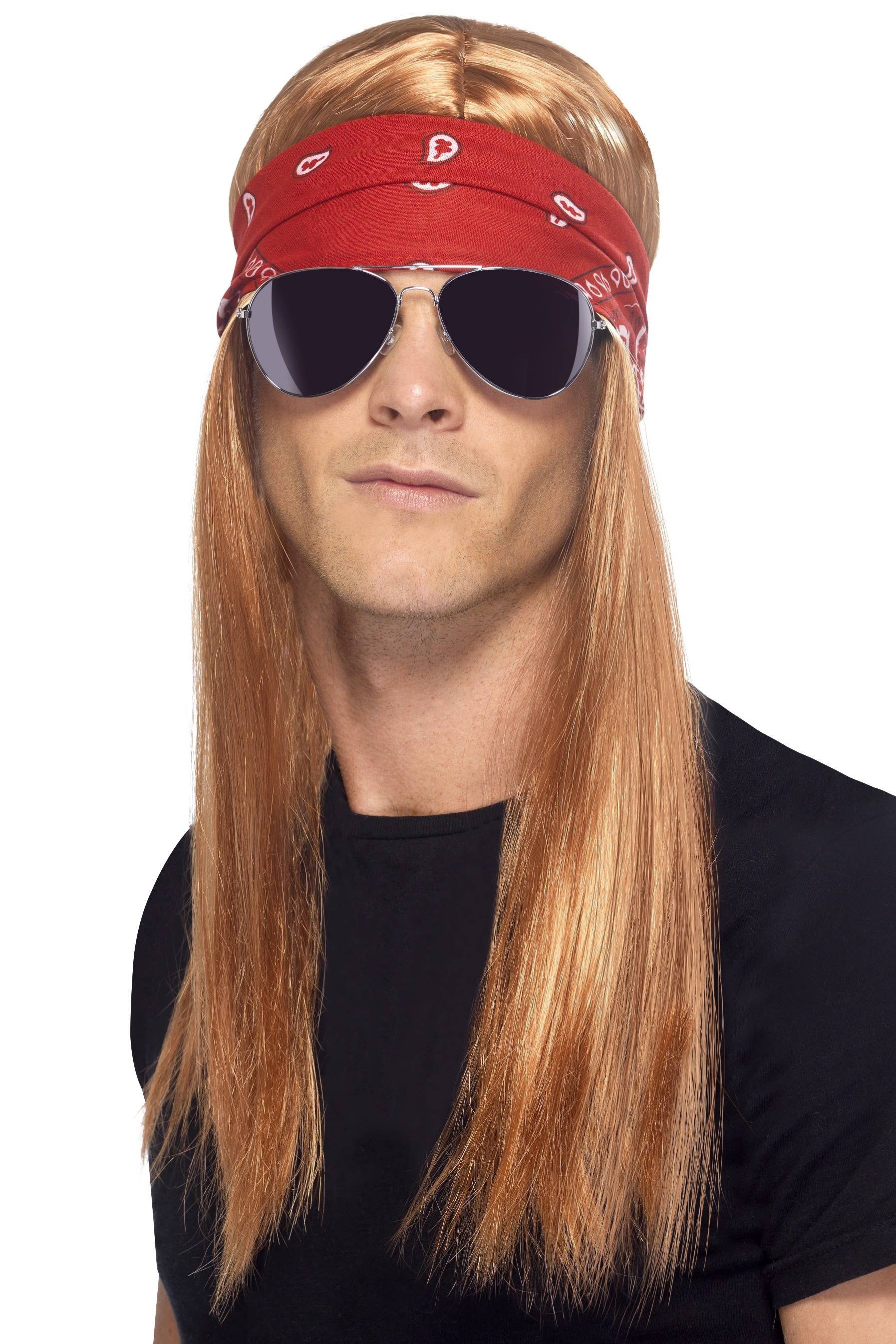 90s Dress Up Men's Axl Rose Wig, Headband and Glasses Costume Kit - Main Image