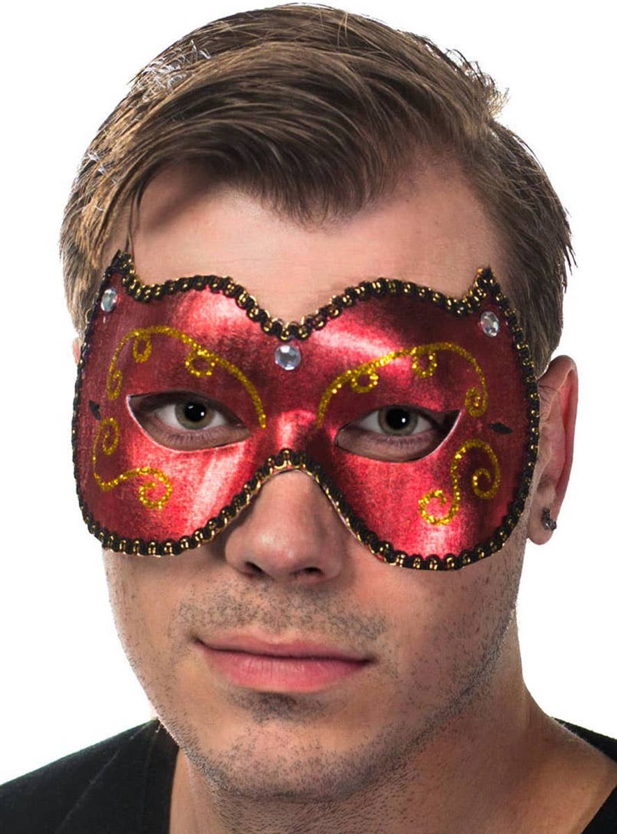 Image of Fancy Red and Gold Vinyl Men's Masquerade Mask