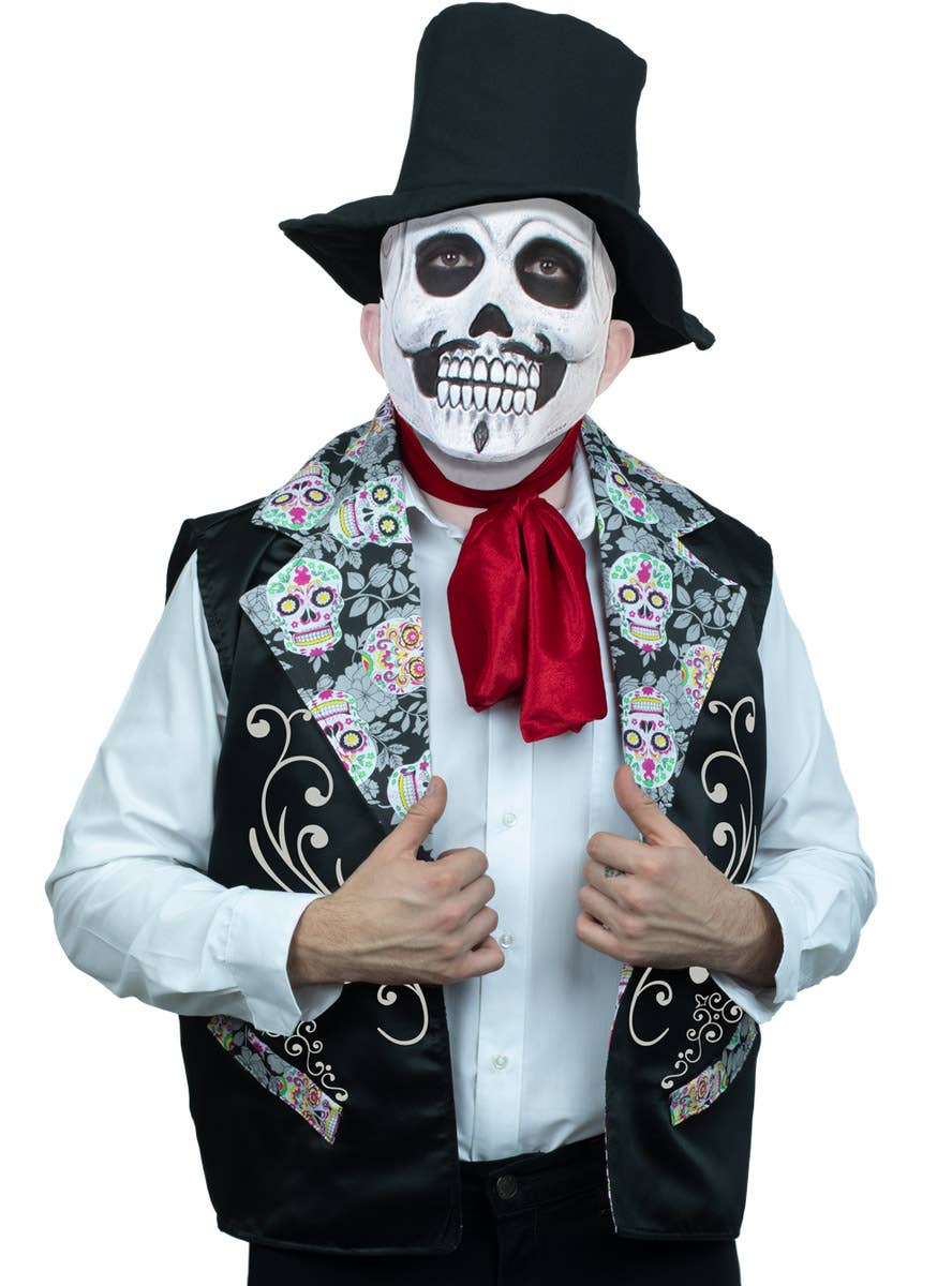 Image of Mr Catrin Day of the Dead Men's Vest and Mask Costume - Alternate Image