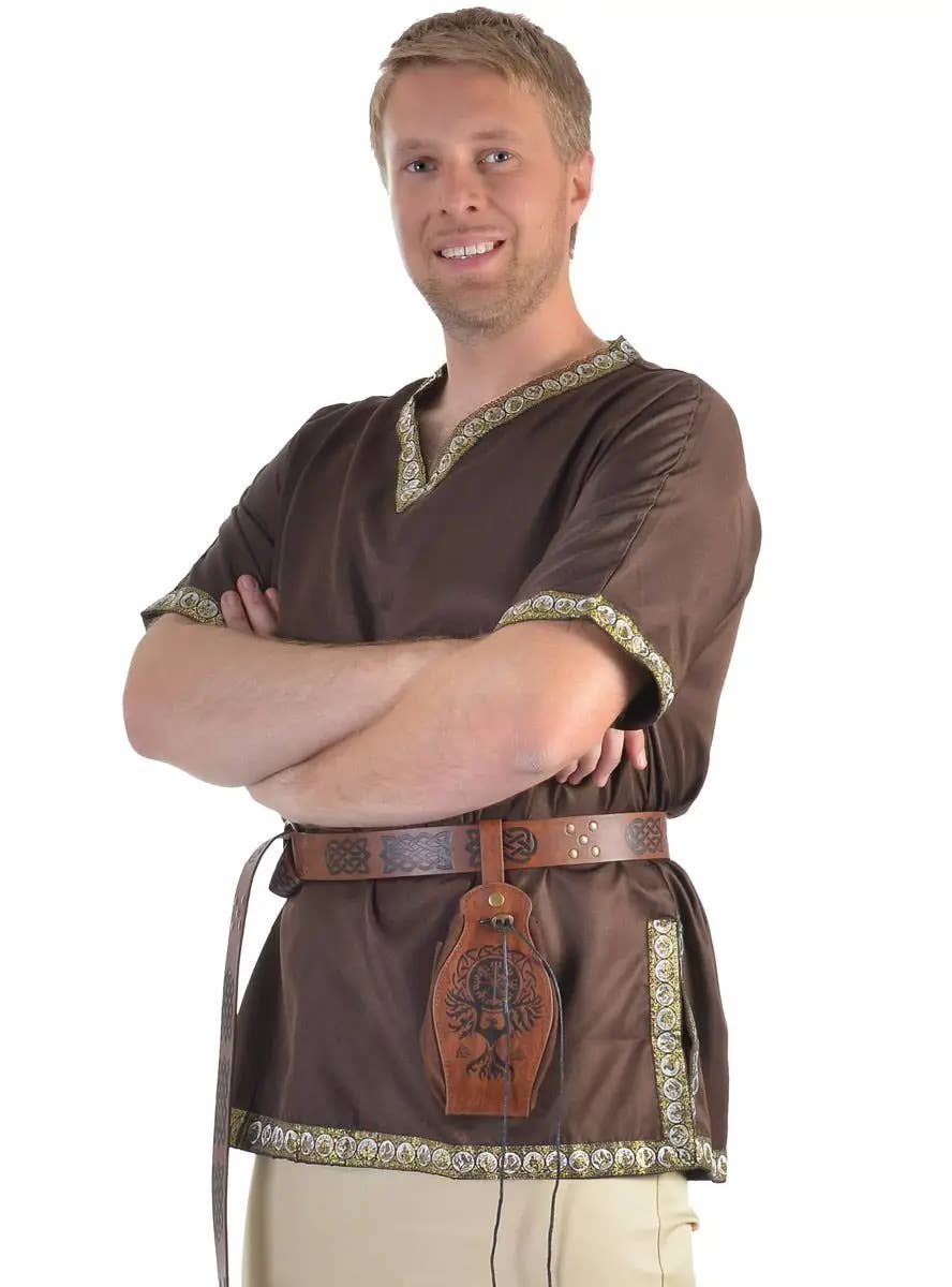 Image of Medieval Men's Plus Size Brown Costume Shirt with Jacquard Trim - Close Image