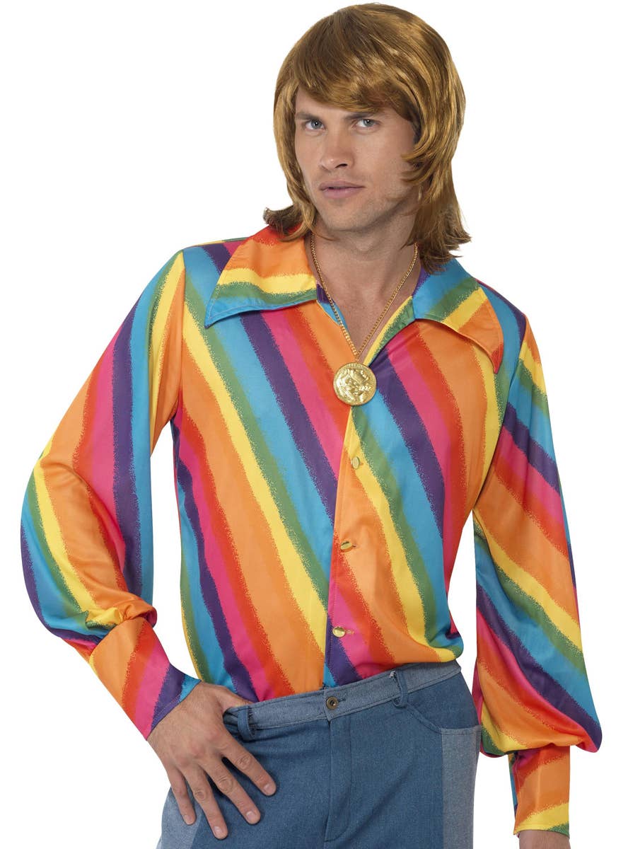 70s Rainbow Striped Mens Disco  Costume Shirt - Close Up Image