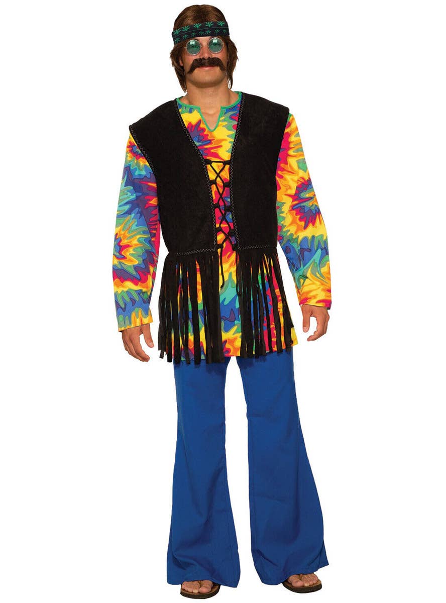 Image of Rainbow Tie Dye 1970s Hippie Men's Costume