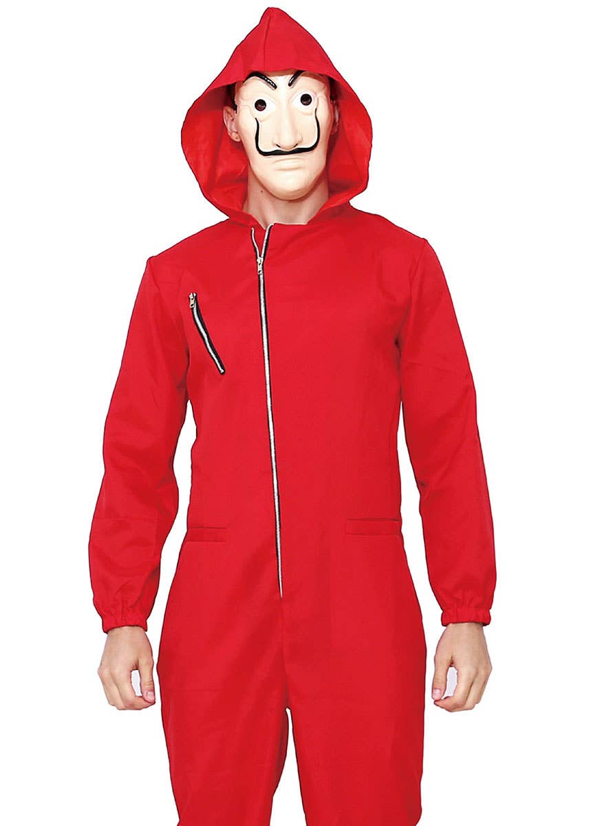 Adult's Red Money Heist Inspired Costume Jumpsuit with Dali Mask - Close Image