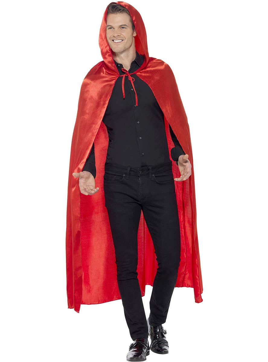 Image of Long Red Satin Men's Costume Cape with Hood