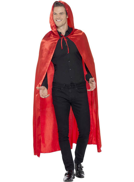 Image of Long Red Satin Men's Costume Cape with Hood