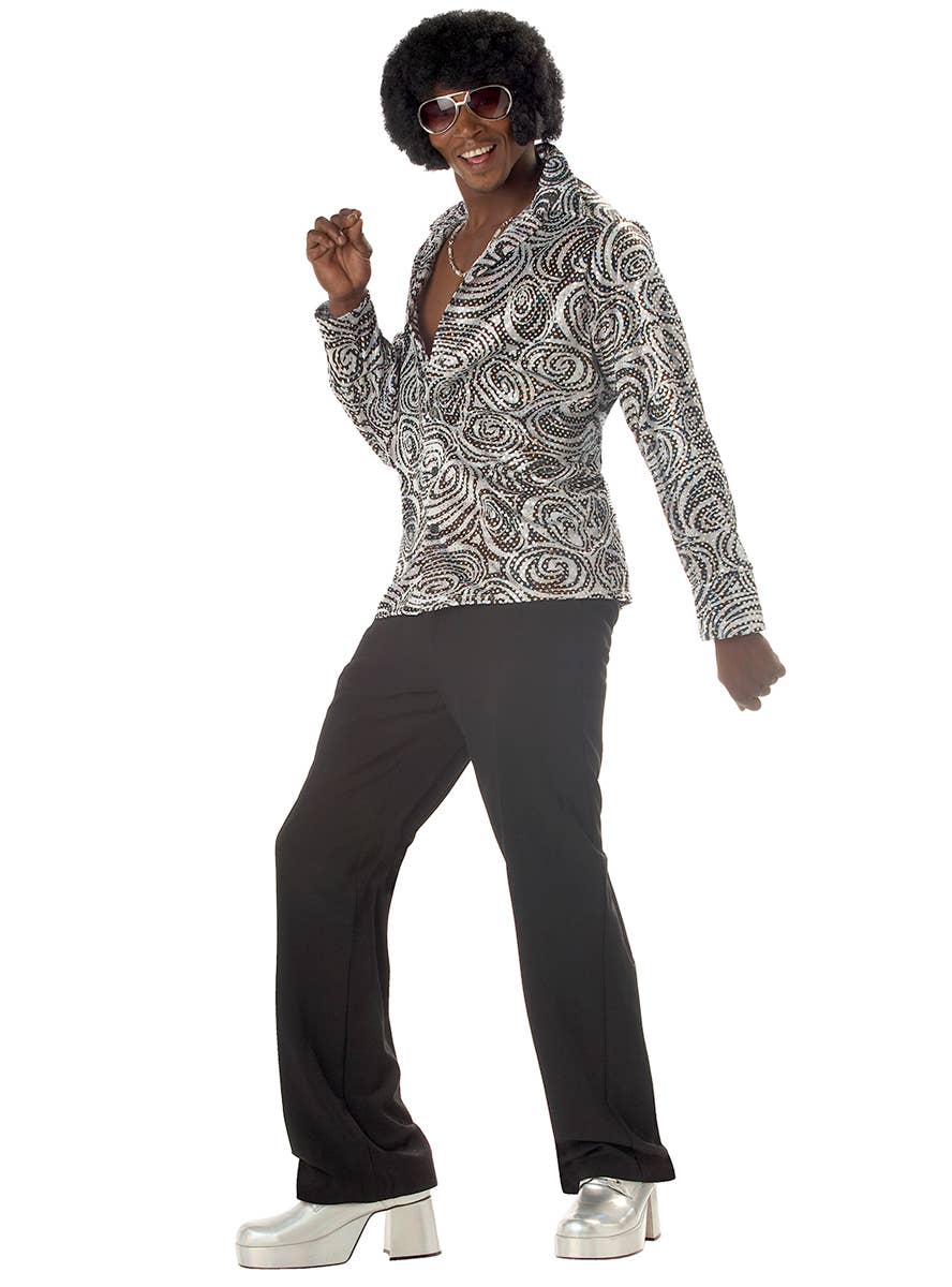 Silver Holographic Men's 70's Disco  Shirt  And Black Costume Wig Set  - Close Image