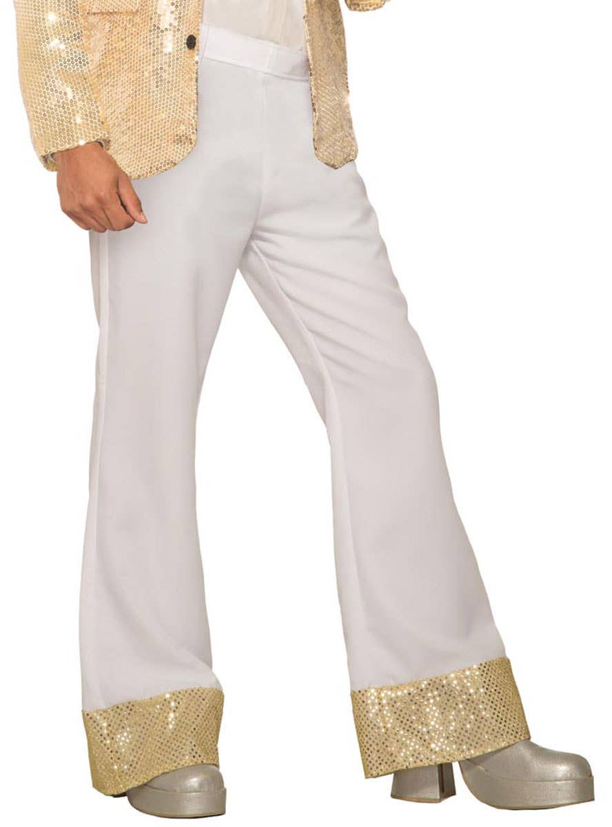 Image of 70's Men's White Disco Pants with Gold Sequin Trim - Close Up Image