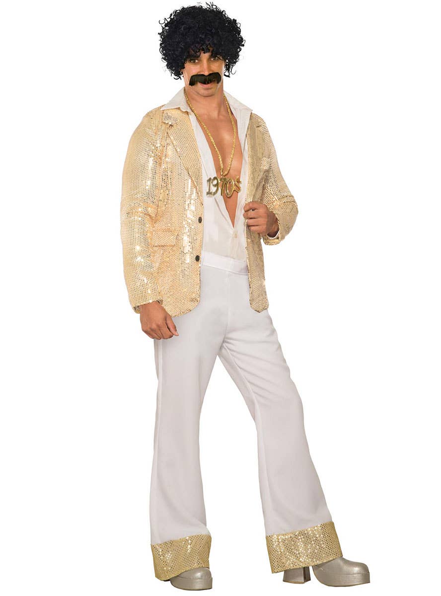 Mens White 1970s Disco Pants with Gold Trim