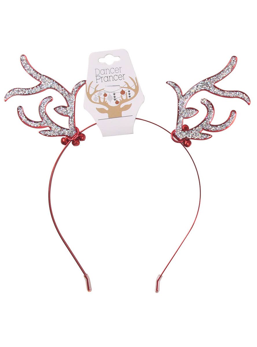 Image of Sparkly Red and Silver Glitter Reindeer Ears Christmas Headband