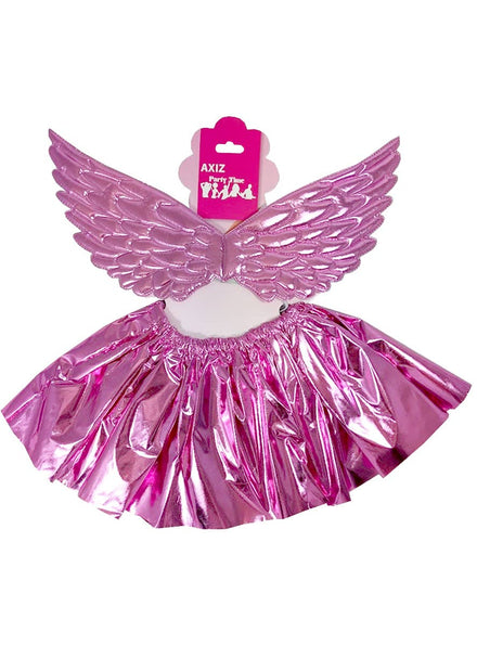 Image Of Metallic Pink Mini Angel Wings and Tutu Set for Girls