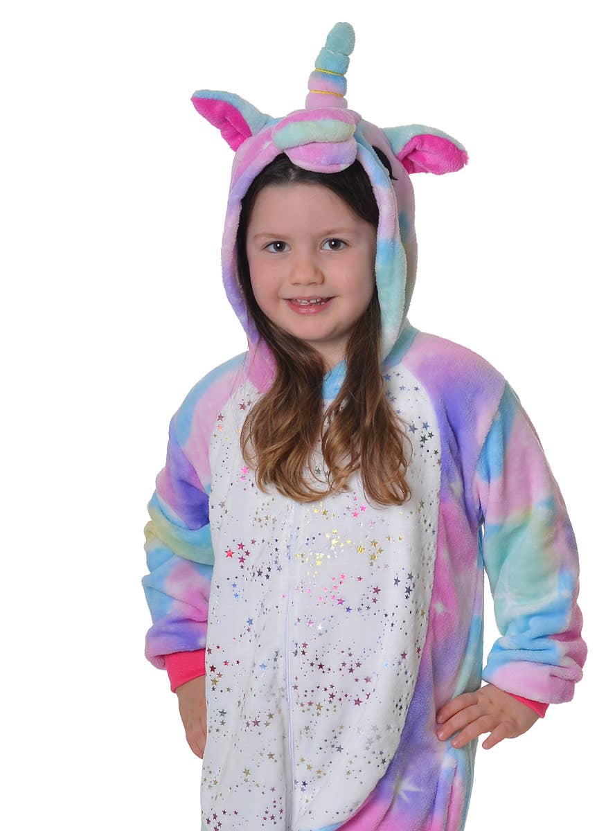 Image Of Kids Rainbow Unicorn Onesie Costume Close View 