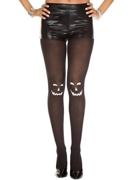 Women's Black and White Jack O Lantern Print Pantyhose