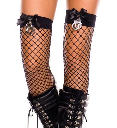 Sexy Thigh High Black Fishnet Women's Stockings with Handcuffs Close Up Image