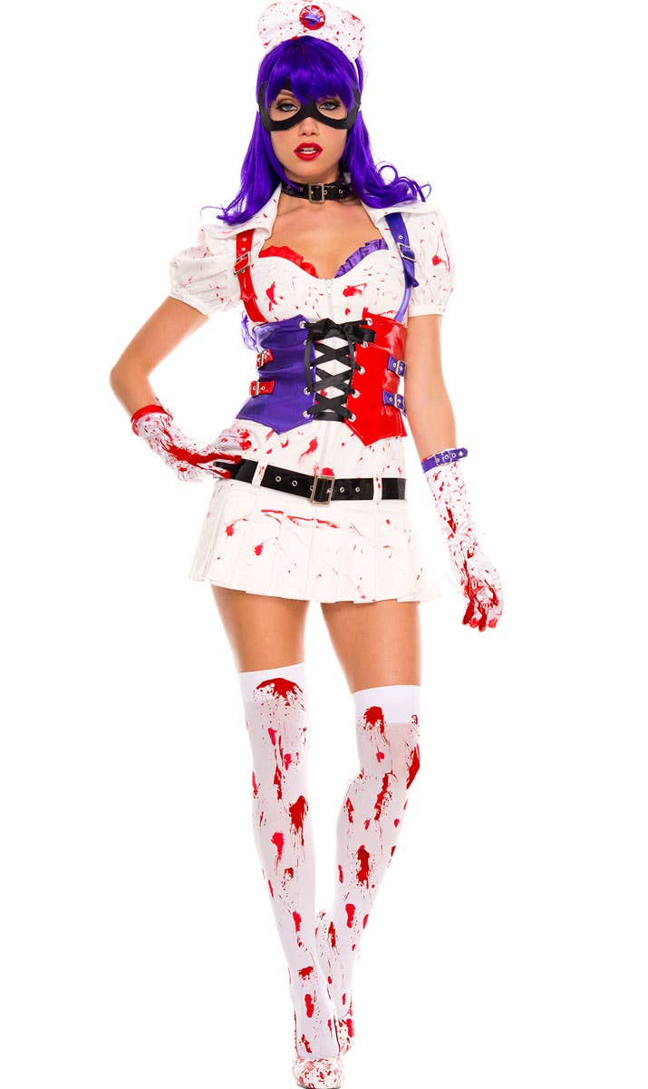 Short White Asylum Harley Quinn Women's Halloween Costume - Front View
