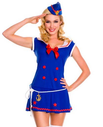 Bright Blue Nautical Women's Sexy Sailor Costume - Close Up Image