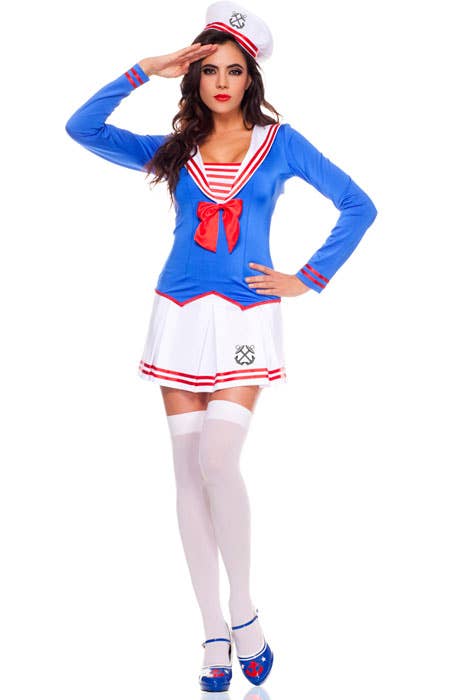 Sexy Blue And White Women's Sexy Sailor Anchors Away Fancy Dress Costume With Red Details - Main View