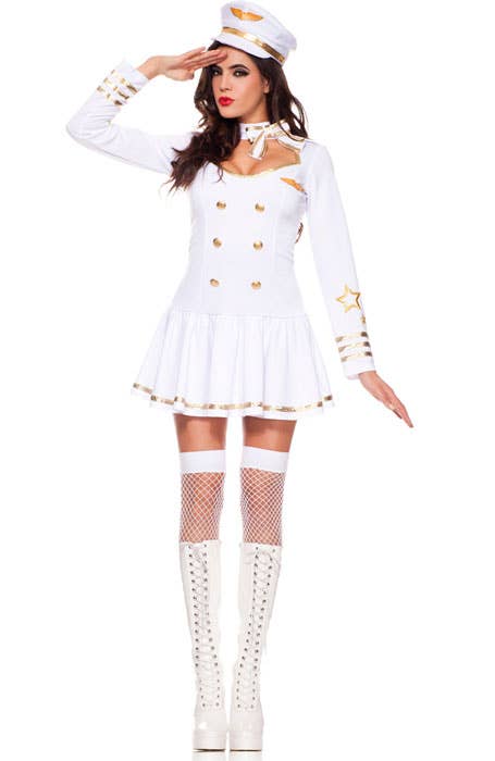 White and Gold Women's Sexy First Class Air Hostess Costume - Front Image